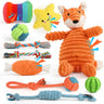 10 piece squeaky dog toy set featuring orange fox plush and rope toys