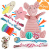 10 piece squeaky dog toy set featuring plush pink pig, star and rope toys
