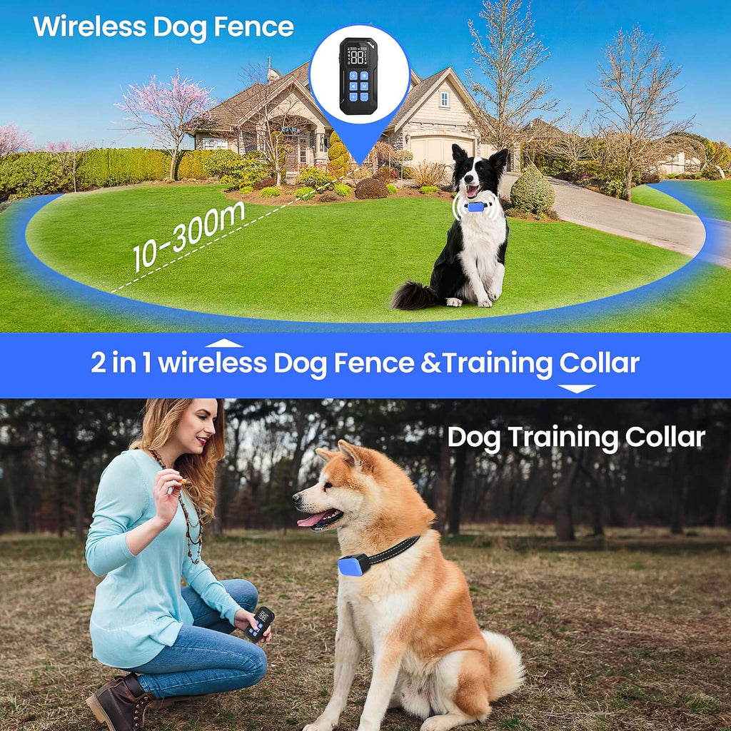 MASBRILL Wireless Dog Fence 2 in 1 Electric Fence for 3 Dogs Training Collar