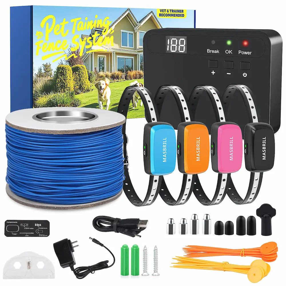 Masbrill 4-dog underground fence system kit with transmitter, collars, and accessories