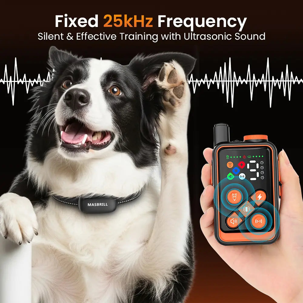 Remote control emits a 25kHz ultrasonic wave for safe and effective dog training.