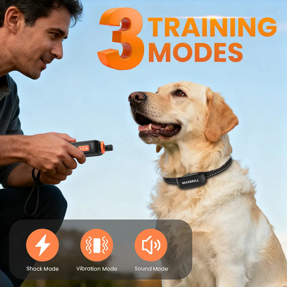Beep, vibration and shock training modes on the Masbrill 5-in-1 dog trainer