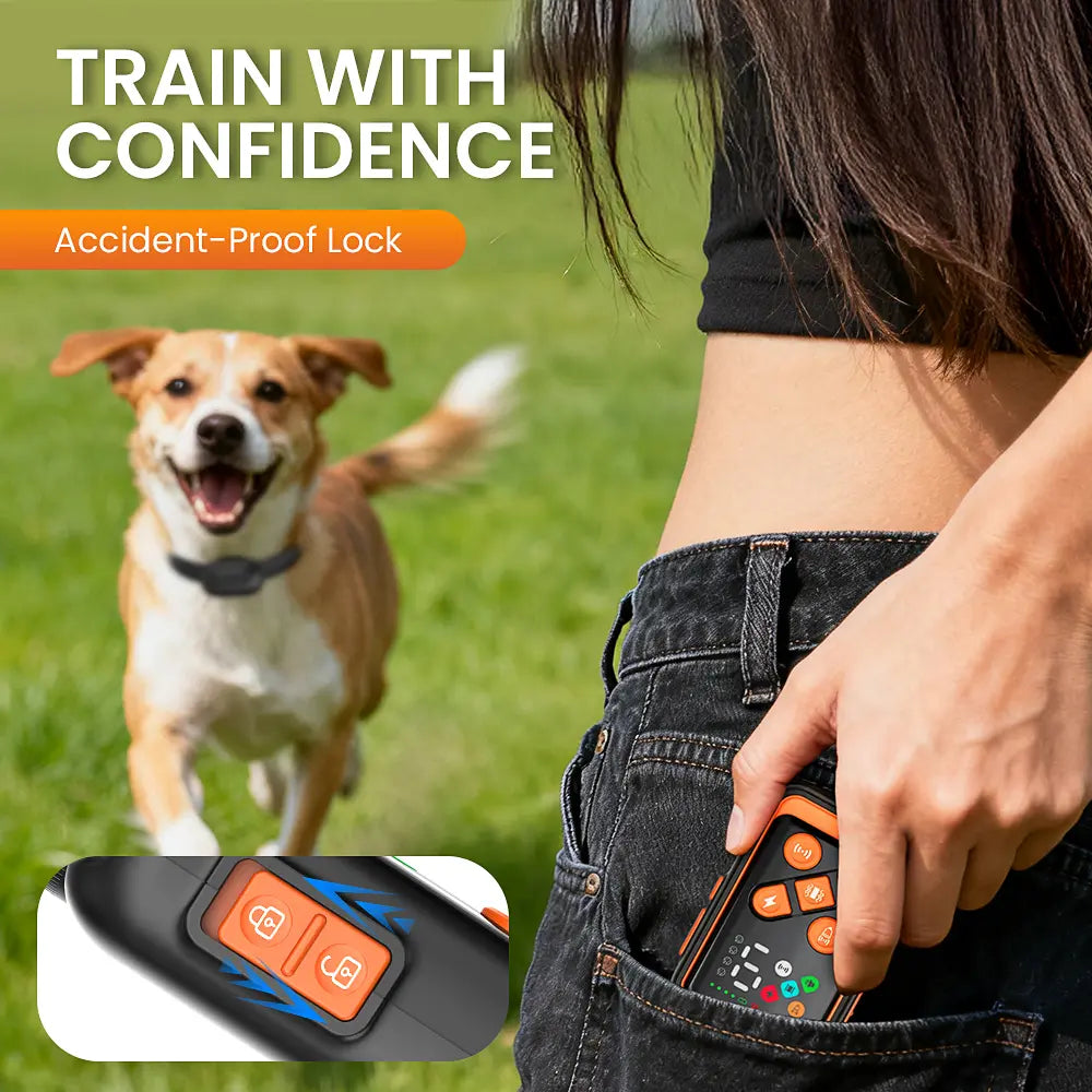 Masbrill 5-in-1 ultrasonic dog trainer with a built-in safety lock to prevent accidental operation.