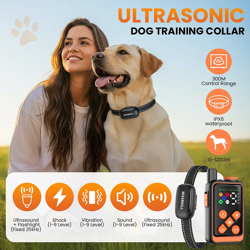 Ultrasonic anti barking function of the Masbrill 5-in-1 dog training device.