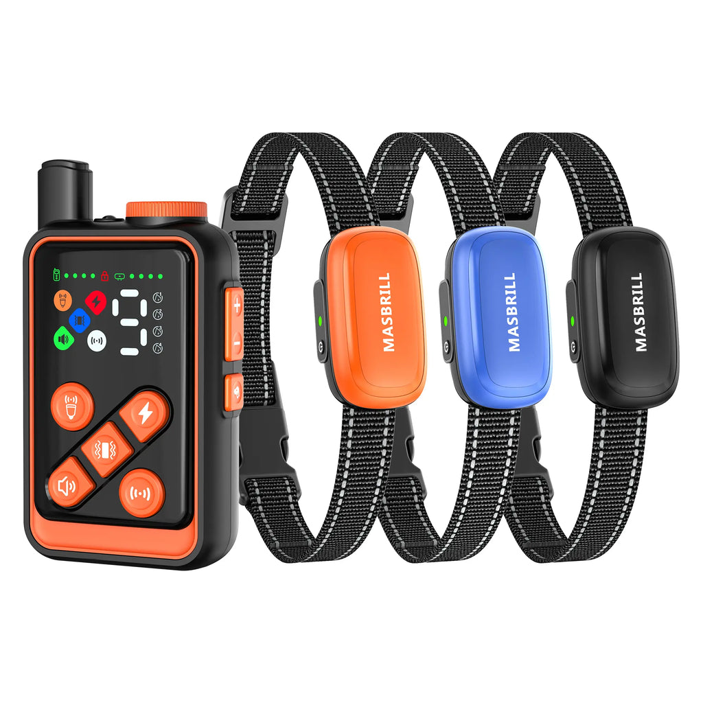 Masbrill 5-in-1 ultrasonic dog training collar set, black orange and blue three-pack
