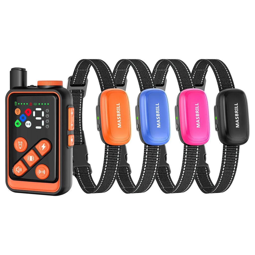Masbrill 5-in-1 ultrasonic anti bark device and training collar four-pack in black orange blue and pink