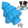 Blue Christmas tree squeaky chew toy with border collie dog playing