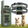 Dog training collar kit with one remote and two receivers, shown with corgi and labrador wearing green collars