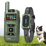 Single dog training collar set with green remote transmitter and receiver collar, border collie wearing collar on grass