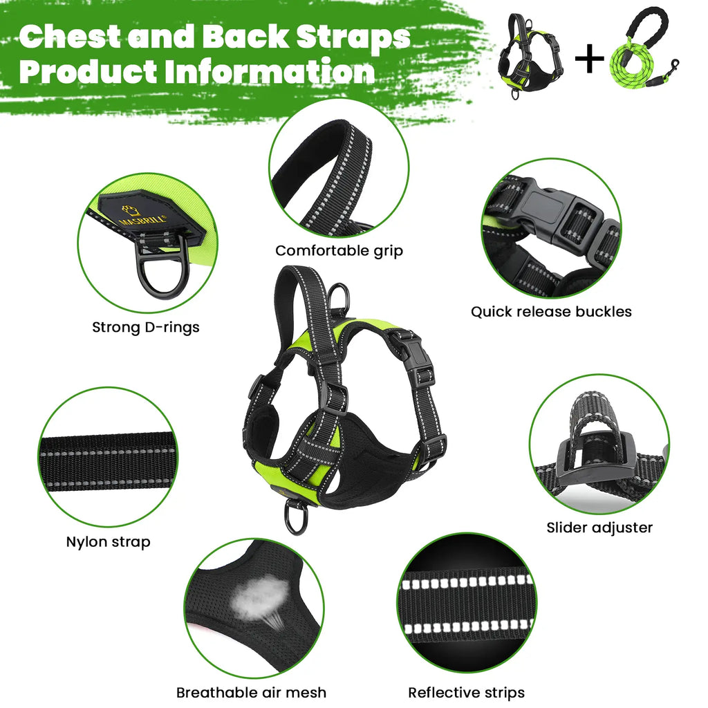 Close-up of the Masbrill dog harness vest showing adjustable straps and sturdy buckle detail