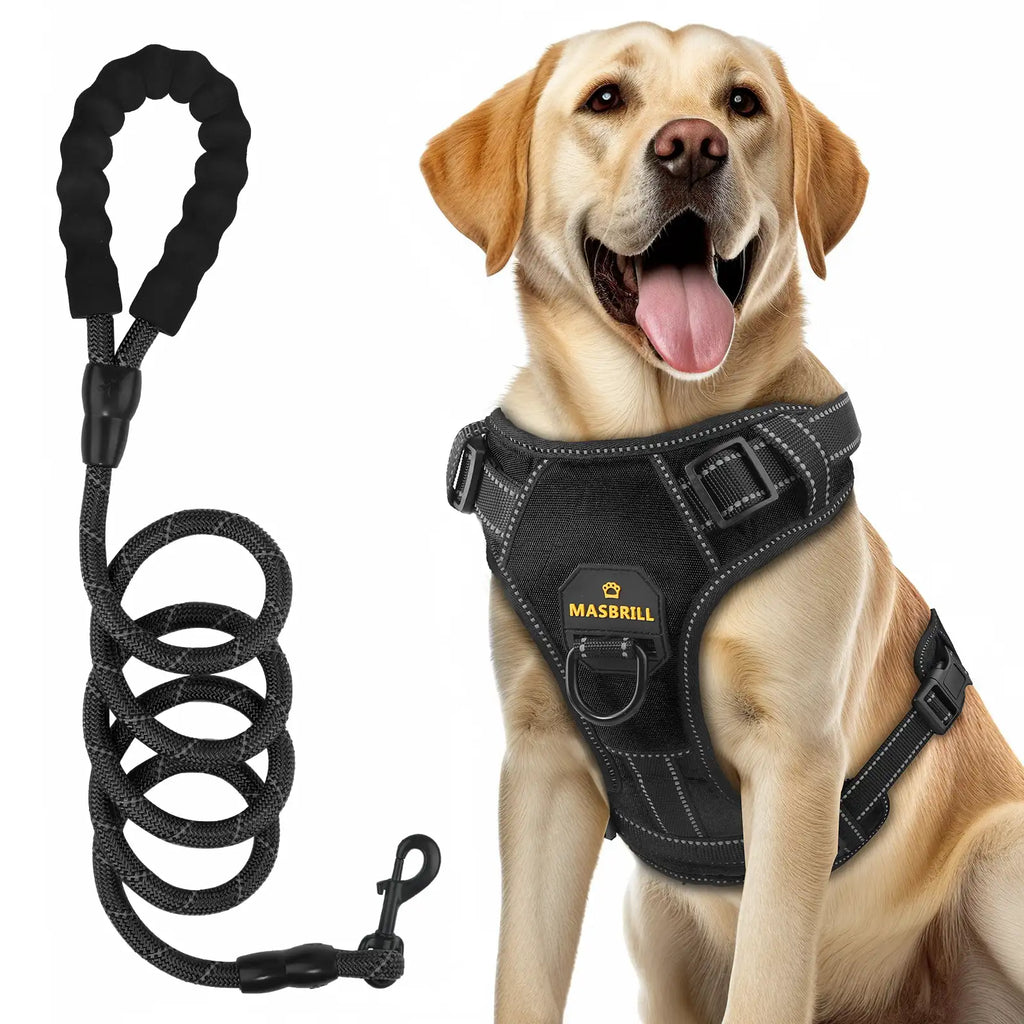 Masbrill dog harness and leash set, reflective no-pull vest harness with handle, adjustable for small to large dogs, black color front view