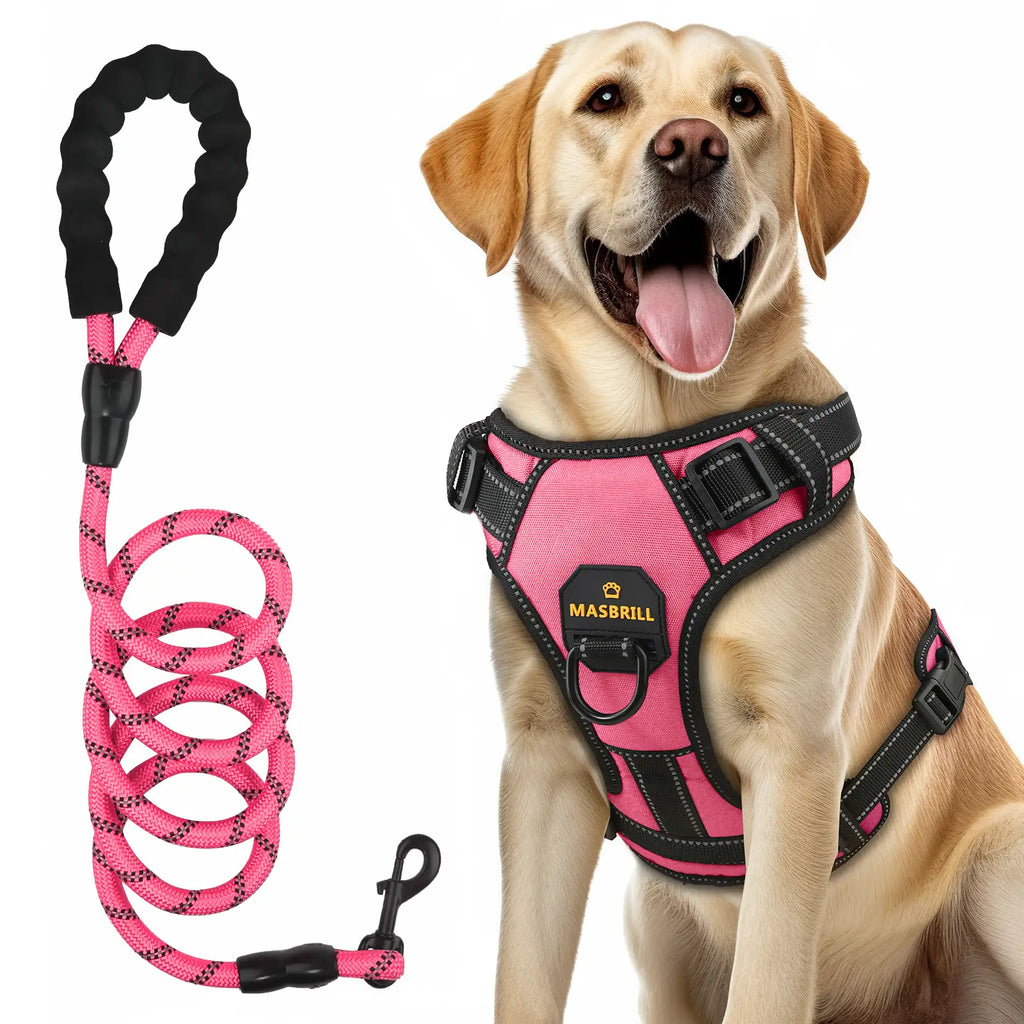 Masbrill dog harness and leash set, reflective no-pull vest harness with handle, adjustable for small to large dogs, pink color front view