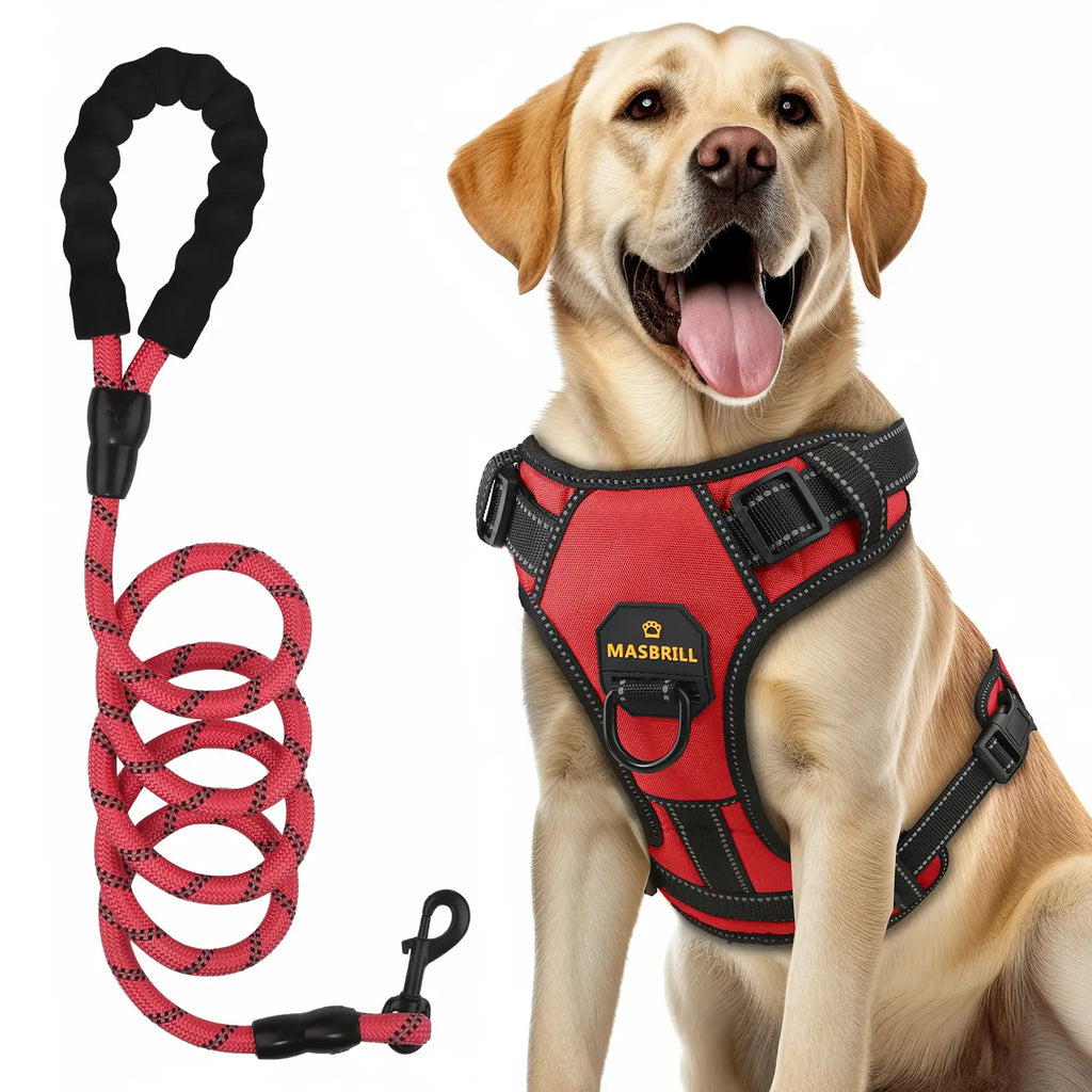 Masbrill dog harness and leash set, reflective no-pull vest harness with handle, adjustable for small to large dogs, red color front view