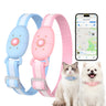 Masbrill Mini blue and pink collar trackers with the app Daily Journey map, worn by a cat and a small white dog, on a white background