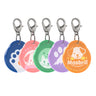 Five Masbrill QR pet tags in a row: blue, purple, pink, green, and orange