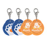 Four Masbrill QR pet tags: two orange Masbrill design, two blue paw design