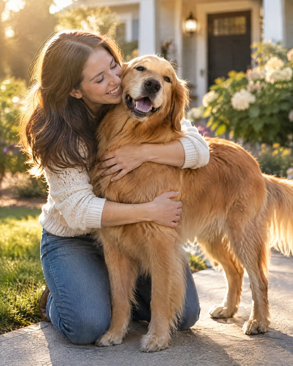 Woman joyfully hugging her golden retriever after being reunited, in front of a house