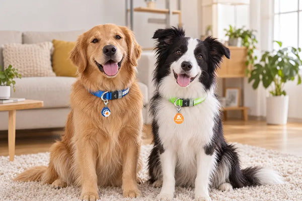 Golden retriever and border collie sitting side by side wearing collars with Masbrill QR tags