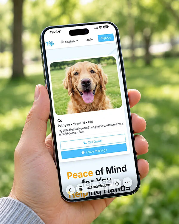 TLife app pet profile screen showing dog's photo, name, and owner contact info