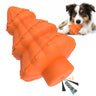 Orange Christmas tree squeaky chew toy with border collie dog playing