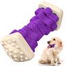 Purple corn shaped textured dog chew toy with golden retriever