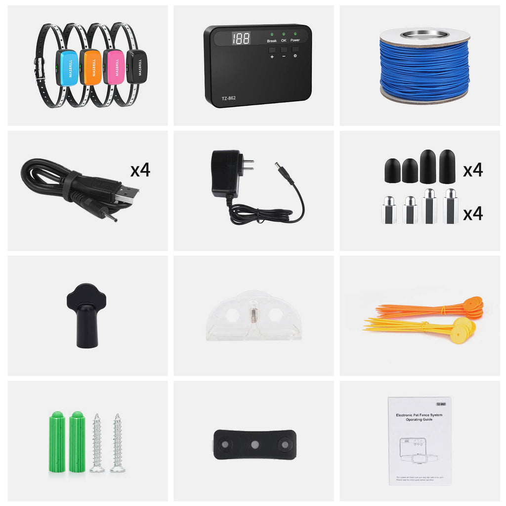 Complete dog fence kit includes transmitter, 4 receiver collars, 650ft copper wire, flags, charger, probes, and tools